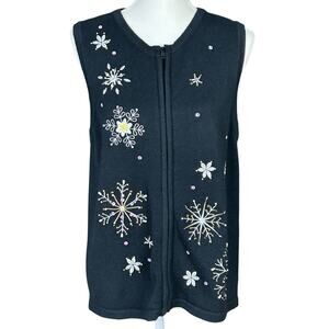 CDP & Co Knit Vest Size  Medium Black Silver Snowflake Embroidered Beaded Top
